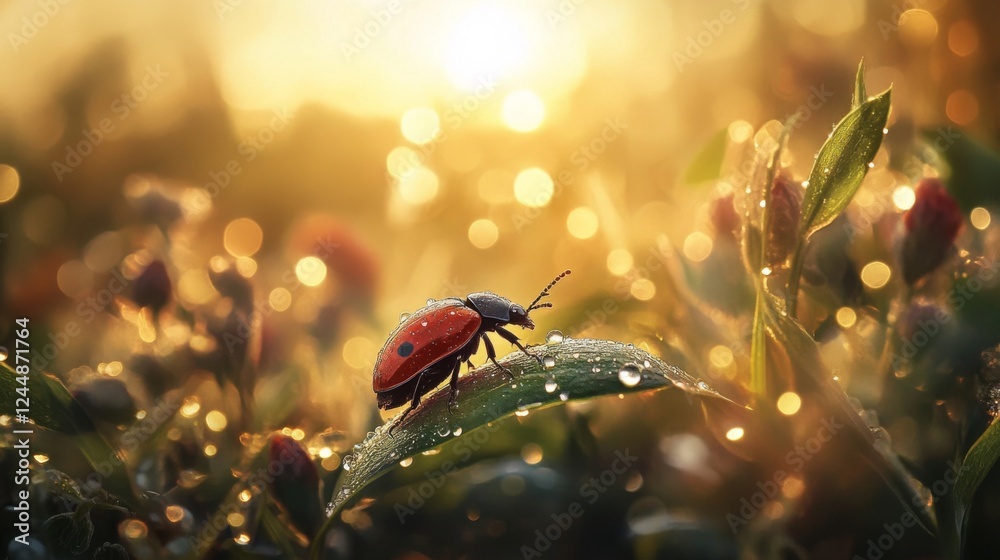 Poster a captivating image of a beetle climbing on a dewy leaf at dawn, with soft sunlight illuminating the