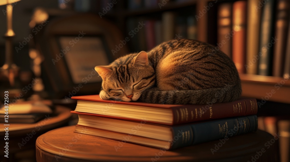Poster a charming round cat sleeping on a stack of books, with its body forming a perfect circle, creating 