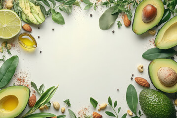 Fresh avocado, herbs, nuts, and spices arranged on a light background, healthy food frame for cooking and nutrition