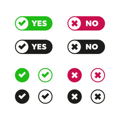 Yes or no choice button and tick or cross icon set in modern bold style. Isolated vector illustration.