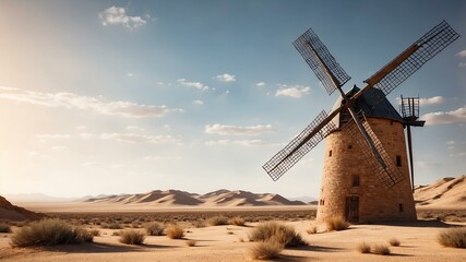 closeup of a windmill on an arid desert background