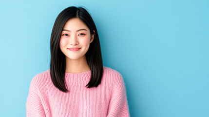 Fototapeta premium Confident young woman smiling studio portrait bright background close-up