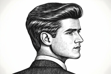 Fototapeta premium Detailed Ink Drawing of a Man with Stylish Hair in Profile View, Featuring Subtle Shading
