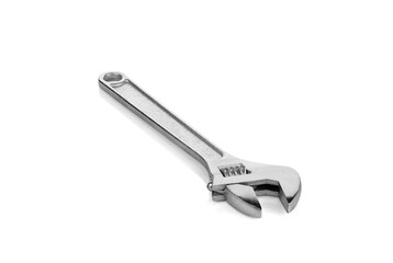 Adjustable wrench isolated on white background with clipping path. Chrome vanadium wrench. Industrial spanner.