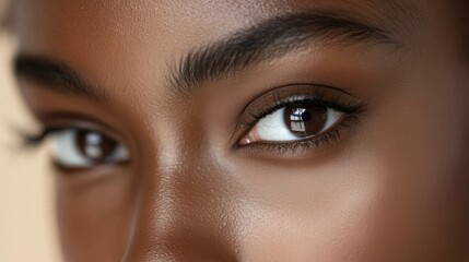 Obraz premium A close-up of a womans face with dewy skin and subtle makeup, her eyes gazing into the camera with a gentle expression, set against a neutral background.