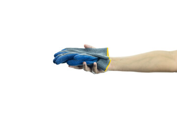Work Gloves are placed on hand isolated on white background with clipping path.