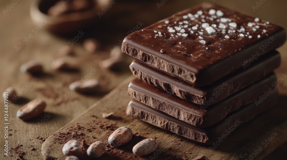 Poster a close-up of luxurious dark chocolate bars stacked on a rustic wooden surface, with cocoa beans and
