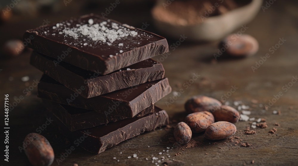 Poster a close-up of luxurious dark chocolate bars stacked on a rustic wooden surface, with cocoa beans and