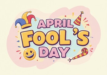 April fool's day celebration design with jester hat and confetti elements