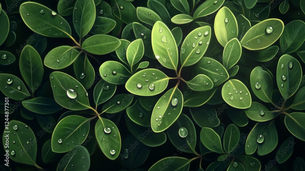 Poster a close-up of mangrove leaves with water droplets, capturing the details of their texture and color 