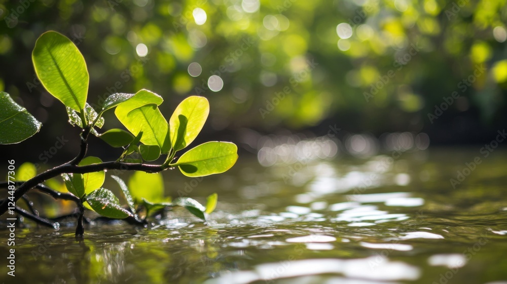 Poster a close-up of mangrove leaves with water droplets, capturing the details of their texture and color 