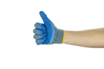 Blue Work glove with Raise your thumbs up isolated on white background with clipping path.