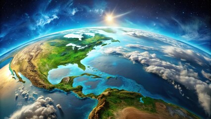 Fototapeta premium A Stunning Sunrise Over the North American Continent and Caribbean Sea, Viewed From Space, Showcasing Earth's Beauty and Vastness