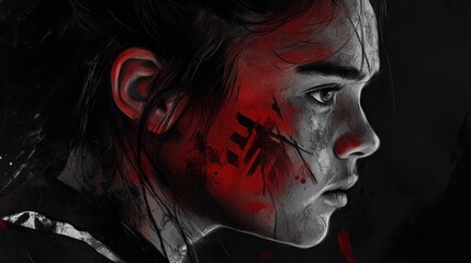 Close-up profile portrait of a young woman with red paint markings on her face, a dark and intense expression.