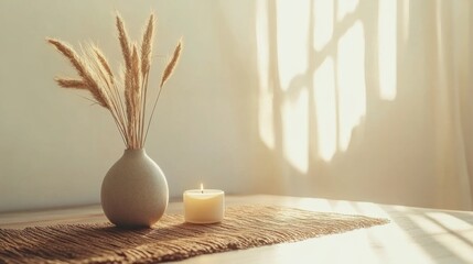 A close-up of minimalist home decor items, including a simple vase, a candle, and natural textures, arranged on a clean countertop