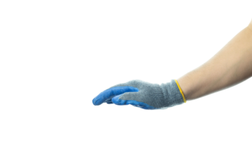Hand Wearing Blue Work Gloves Pressing Down on an Object isolated on white background with clipping path. Concept of Manual Labor, Pressure, or Force for Construction, Repair, or Industrial Themes