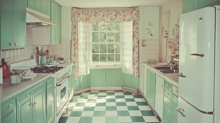 Retro mint green kitchen with checkered floor, window, appliances, and floral curtains.