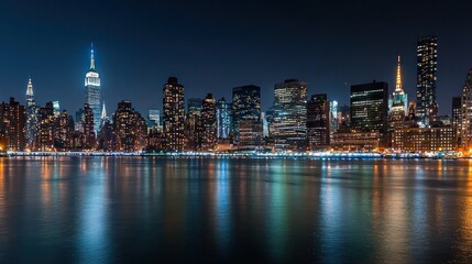 Obraz premium Nighttime view of Midtown Manhattan skyline reflected in water