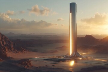 Sunset view of a futuristic space station on a desolate planet