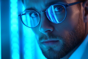 Stylish young man in glasses with neon blue light reflections