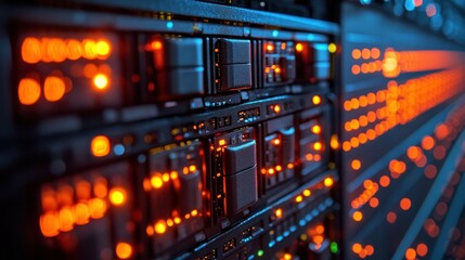 Naklejka premium Close-up view of illuminated server racks in a data center with vibrant lights and technology (2)