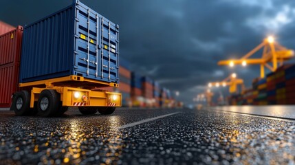 Fototapeta premium Dramatic nighttime scene of a busy shipyard with powerful spotlights illuminating the loading and unloading of container cargo ships The industrial equipment cranes