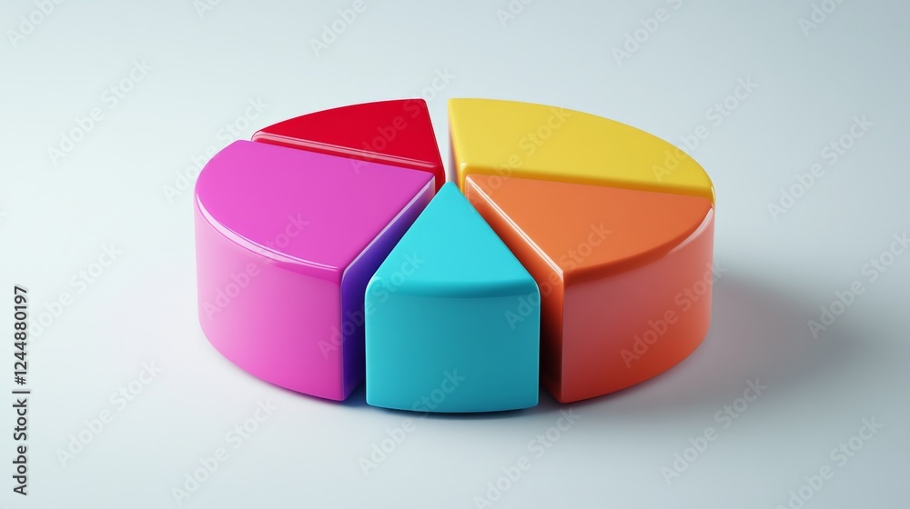 Poster a colorful d pie chart with vibrant segments floating slightly above a white surface, each slice lab
