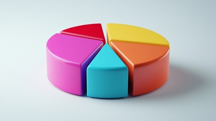 Obraz premium A colorful D pie chart with vibrant segments floating slightly above a white surface, each slice labeled clearly to represent different data categories.