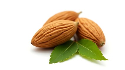 Three dried almonds with fresh leaves - natural snack - great for health related content or food promotions