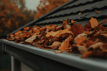 Obraz premium Autumn Leaves Fill a Roof Gutter in the Fall with Vibrant Orange and Brown Hues