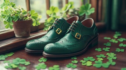 Green Leather Brogue Shoes with Shamrocks