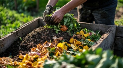 Farmers using a composting system, mixing organic waste to create nutrient-rich soil, promoting zero-waste agriculture and regenerative farming methods, a key practice in eco-friendly food production