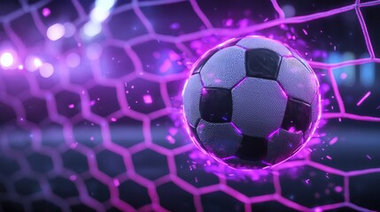 Naklejka premium Close up view of a soccer ball striking the net with dynamic energy and vibrant neon like illumination creating an abstract and visually captivating sports themed image