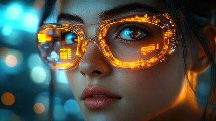 Woman, futuristic glasses, city night, data, tech