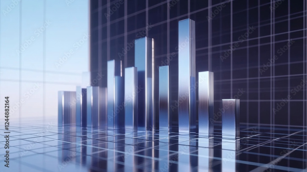 Aufkleber a corporate-style d bar chart with silver and blue bars, set on a reflective surface with floating d