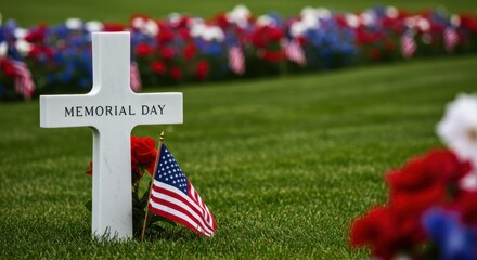 Memorial day tribute with cross and american flag on vibrant lawn