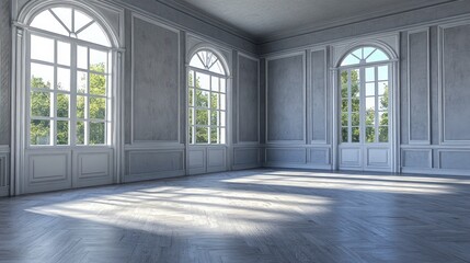 Fototapeta premium Sunlit empty room with large arched windows, gray walls, and white trim.