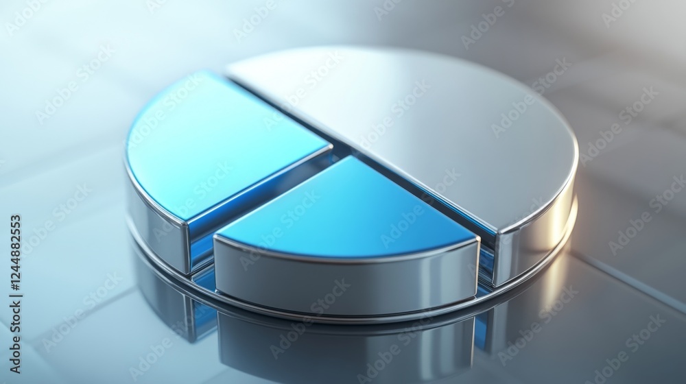 Aufkleber A corporate D pie chart with glossy silver and blue segments, with one slice slightly pulled out to highlight its significance, displayed on a reflective surface.