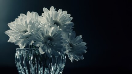 White Chrysanthemums in Crystal Vase with Morning Dew, Symbolizing Purity and Remembrance