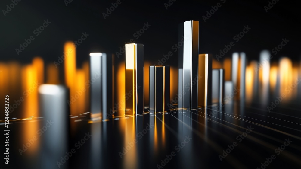 Aufkleber A corporate bar graph with silver and gold bars, representing financial performance, set against a dark background with subtle reflections and floating labels.