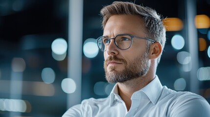 Obraz premium Confident and determined business leader standing on a glowing futuristic platform overlooking the path ahead symbolizing vision innovation and the drive to achieve success and advancement