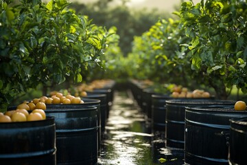 Fototapeta premium Lush green orange orchard under bright sunlight