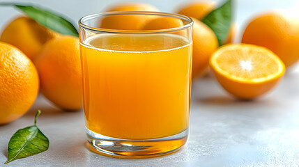 Fototapeta premium Fresh orange juice in glass, citrus fruits, healthy drink, bright background, food photography