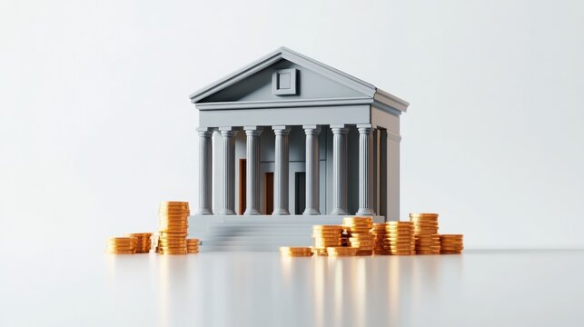 3D model of a classical bank building with gold coins surrounding it, symbolizing wealth and finance.