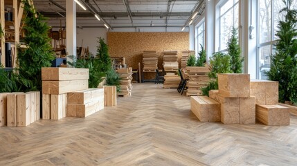 Modern workshop interior with wooden crates, plants, and herringbone floor