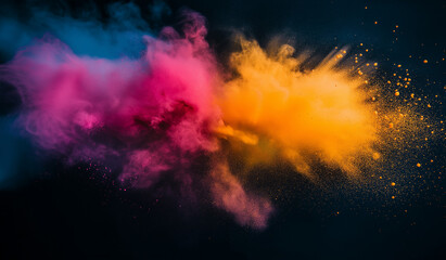 Dramatic explosion of Holi color powders in pink, orange, and blue against a dark background, symbolizing festival joy, celebration, and the beauty of vibrant hues.