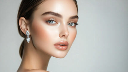 Fototapeta premium Elegant beauty portrait flawless makeup radiant skin natural soft lighting warm professional photography
