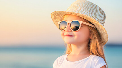 Fototapeta premium Joyful girl smiling at sunset beach lifestyle portrait happiness