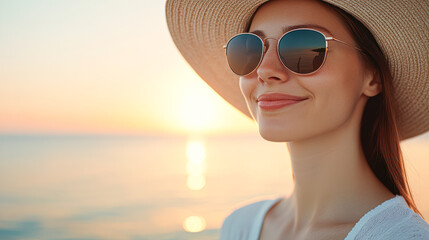 Fototapeta premium Sunset relaxation woman in sunglasses at beach lifestyle calm environment