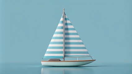 A charming sailboat with blue and white striped sails, afloat on a tranquil blue sea